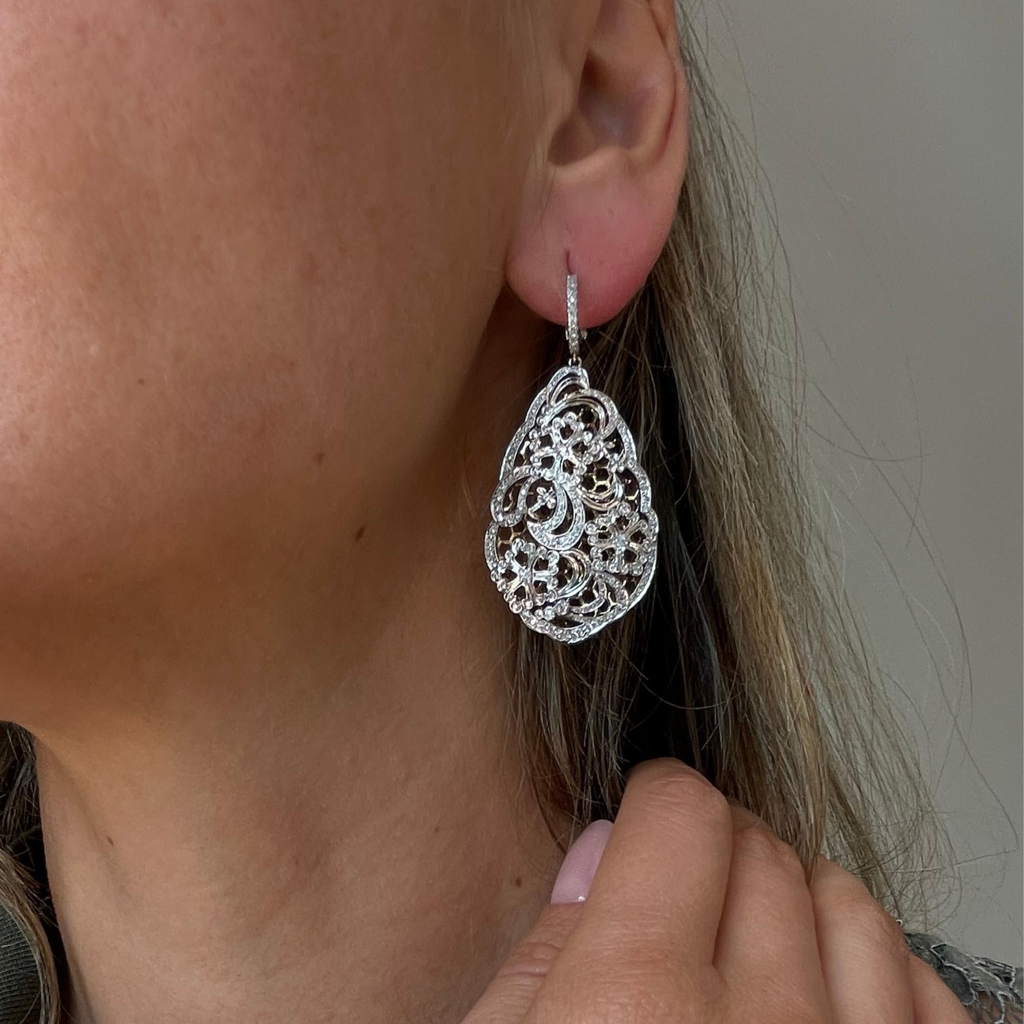 Filigree White Gold and Diamond Teardrop Earrings