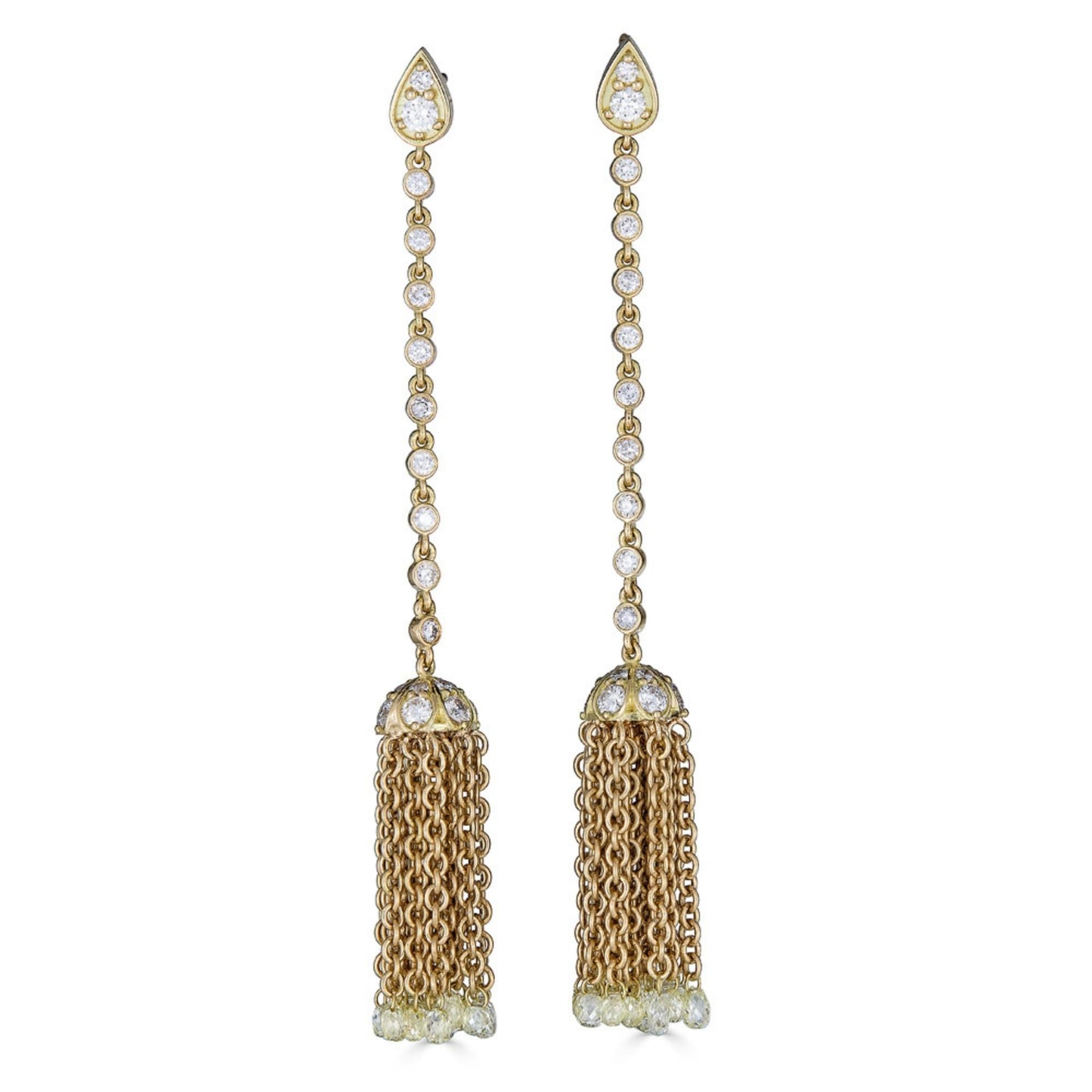 Long Tassel Yellow Gold and Diamond Earrings