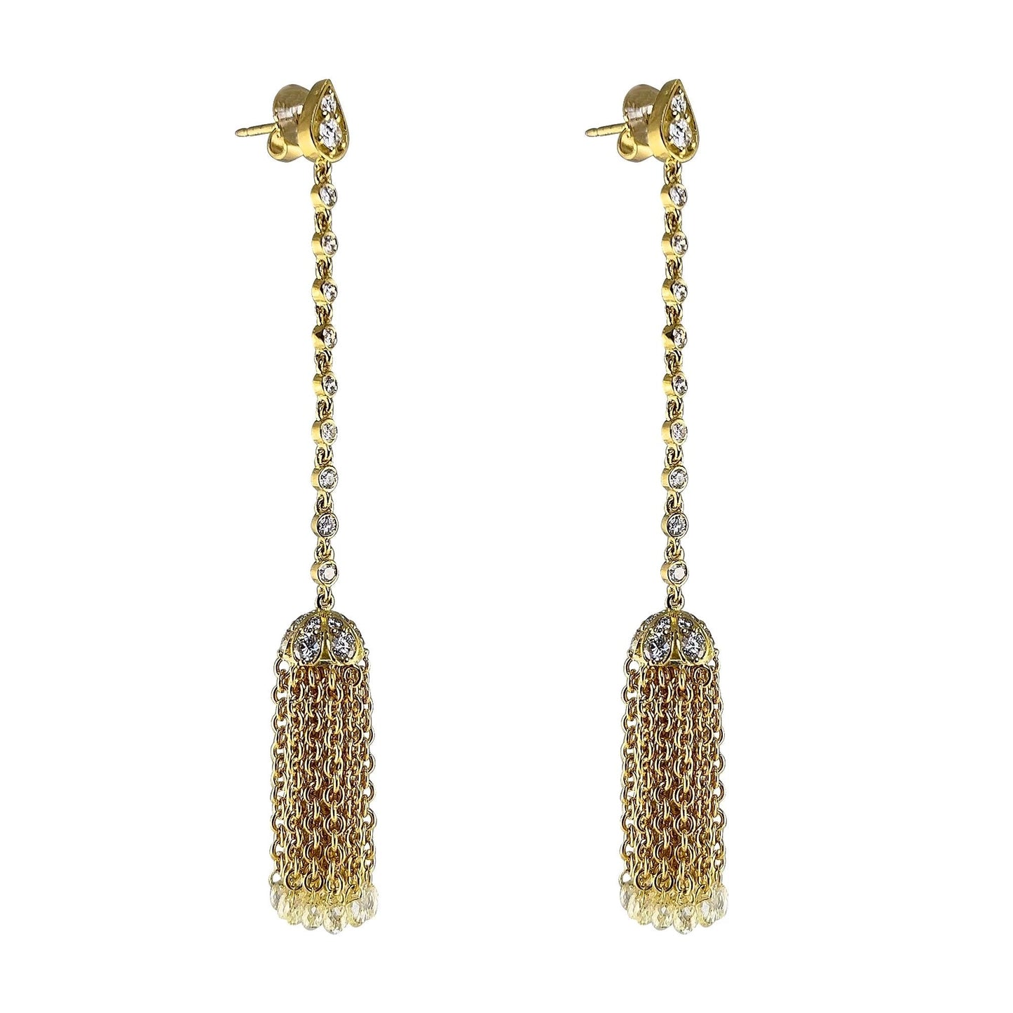 Long Tassel Yellow Gold and Diamond Earrings