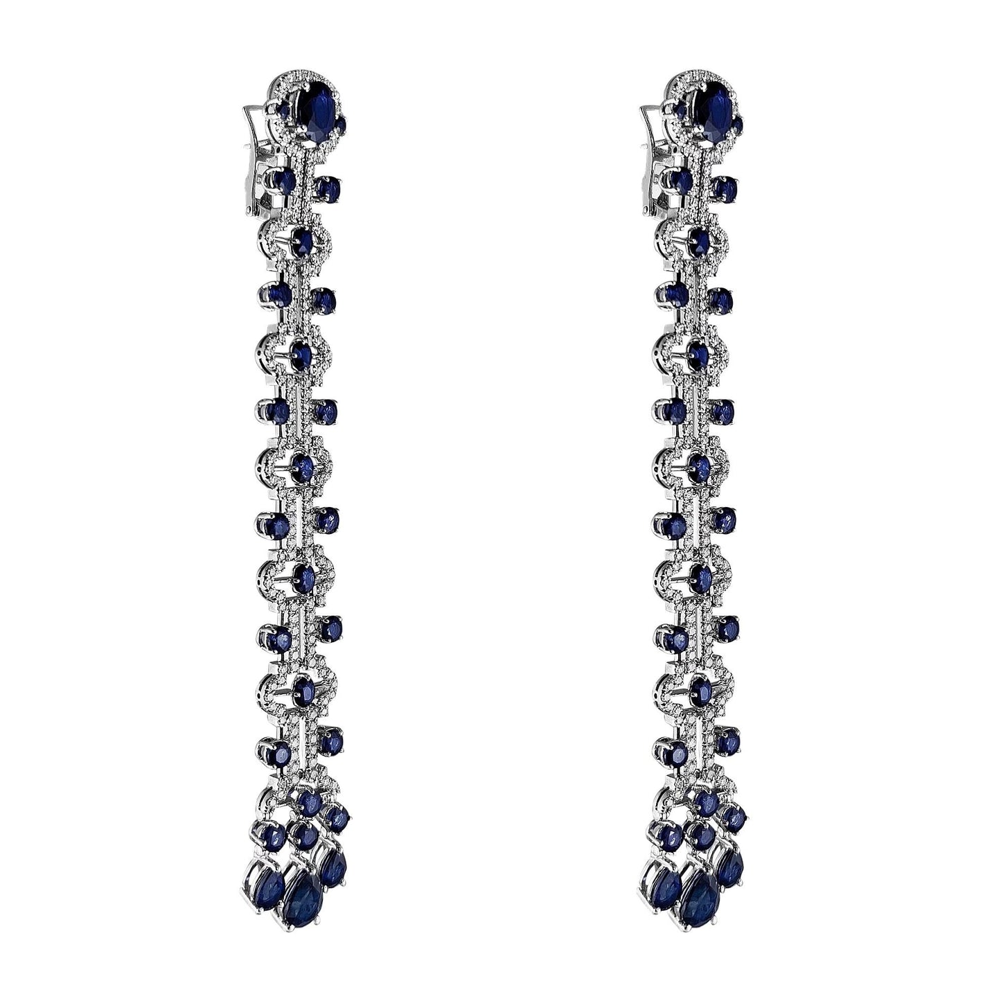 White Gold Long Drop Sapphires and Diamond Earrings