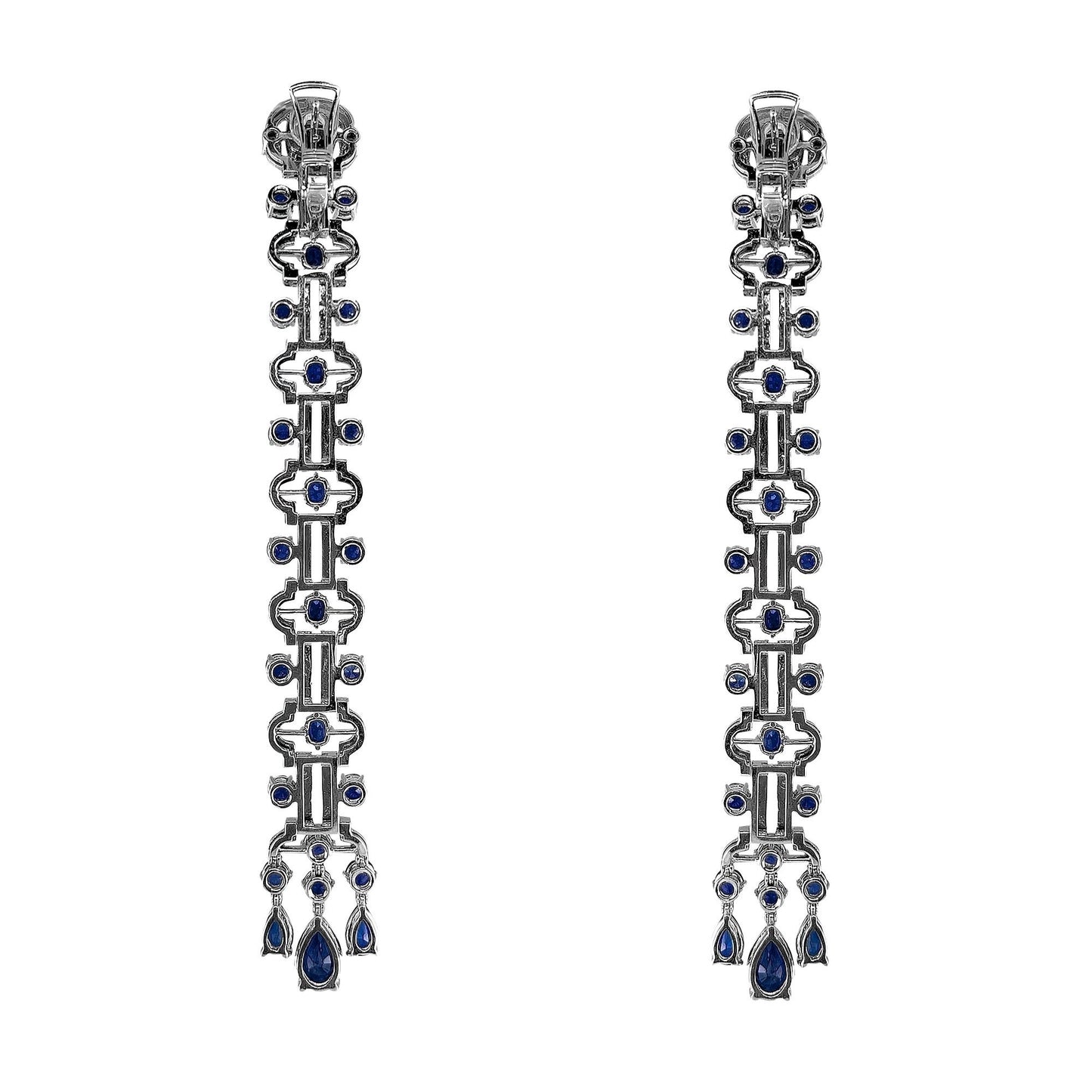 White Gold Long Drop Sapphires and Diamond Earrings