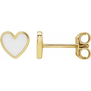 14k Yellow Gold White Enamel Heart Earrings