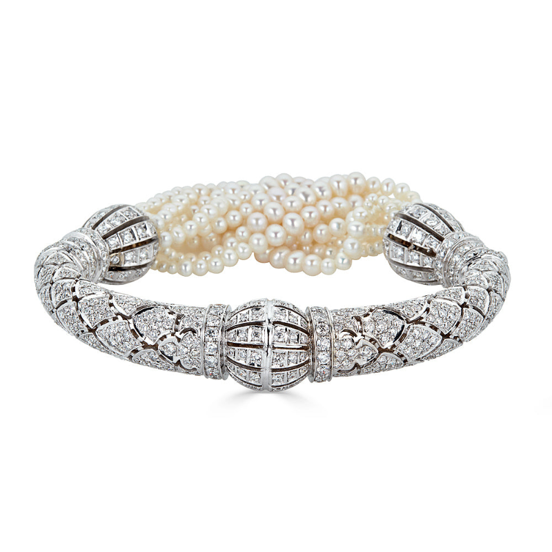 Art Deco White Gold and Diamond Bracelet with Fresh Water Pearls