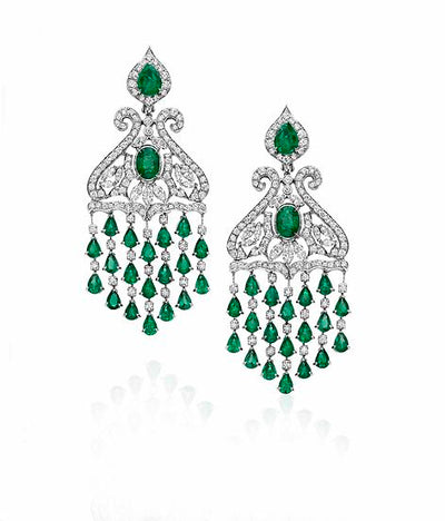 Chandelier Earrings with Emeralds and Diamonds