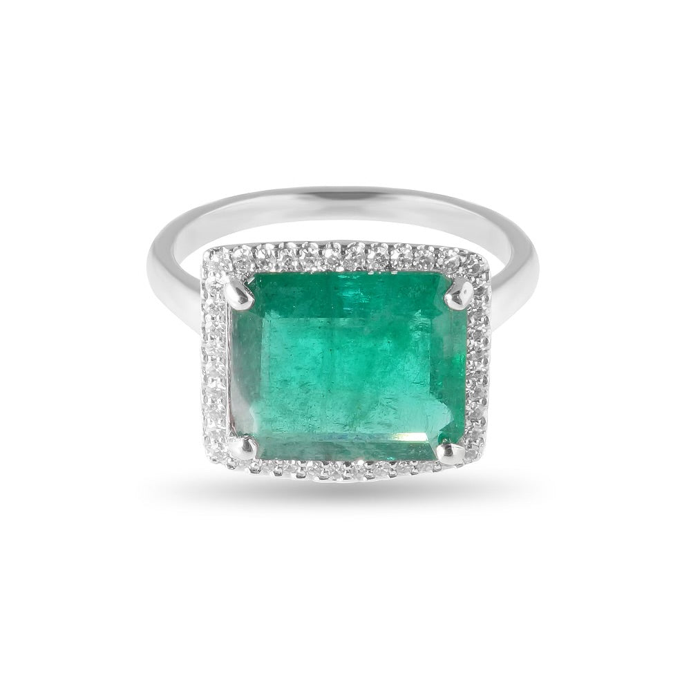 Emerald Ring with Diamond Halo