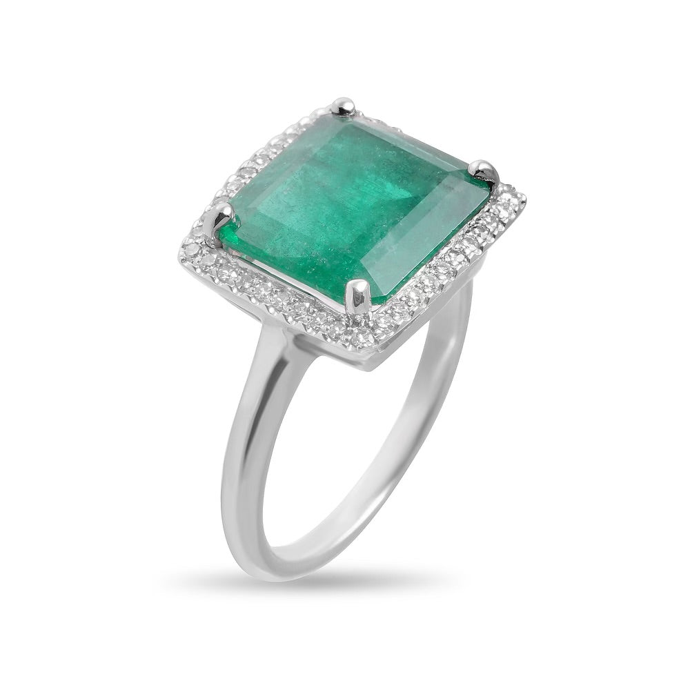 Emerald Ring with Diamond Halo