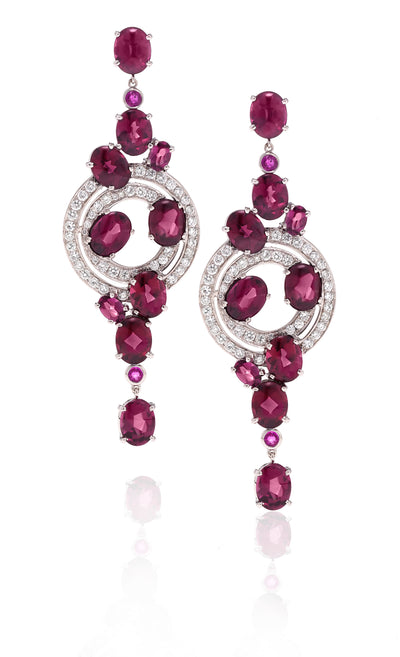 Pink Sapphires and Rhodolite Garnets Chandelier Earrings with Diamonds