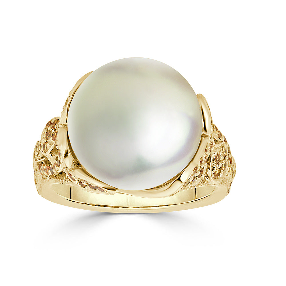 Yellow Gold and South Sea Pearl Ring with Fancy Yellow Diamonds