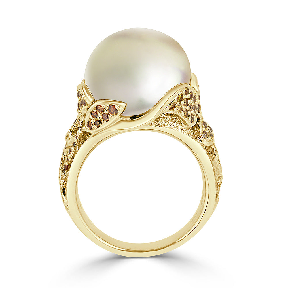 Yellow Gold and South Sea Pearl Ring with Fancy Yellow Diamonds