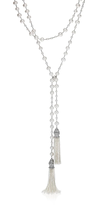 White Gold, Cultured Freshwater Pearl, Emerald And Diamond Tassel Necklace  Available For Immediate Sale At Sotheby's