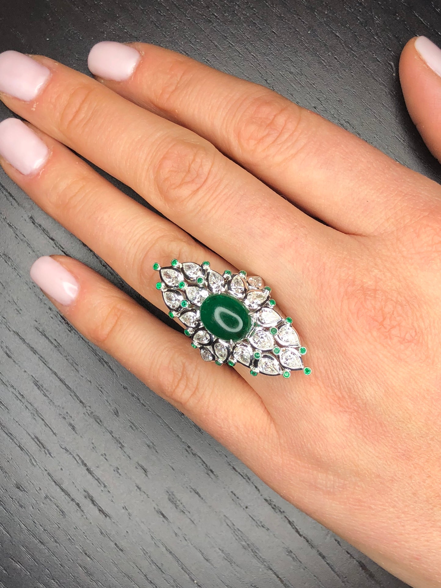 Cabochon Emerald and Pear Shaped Diamond Ring