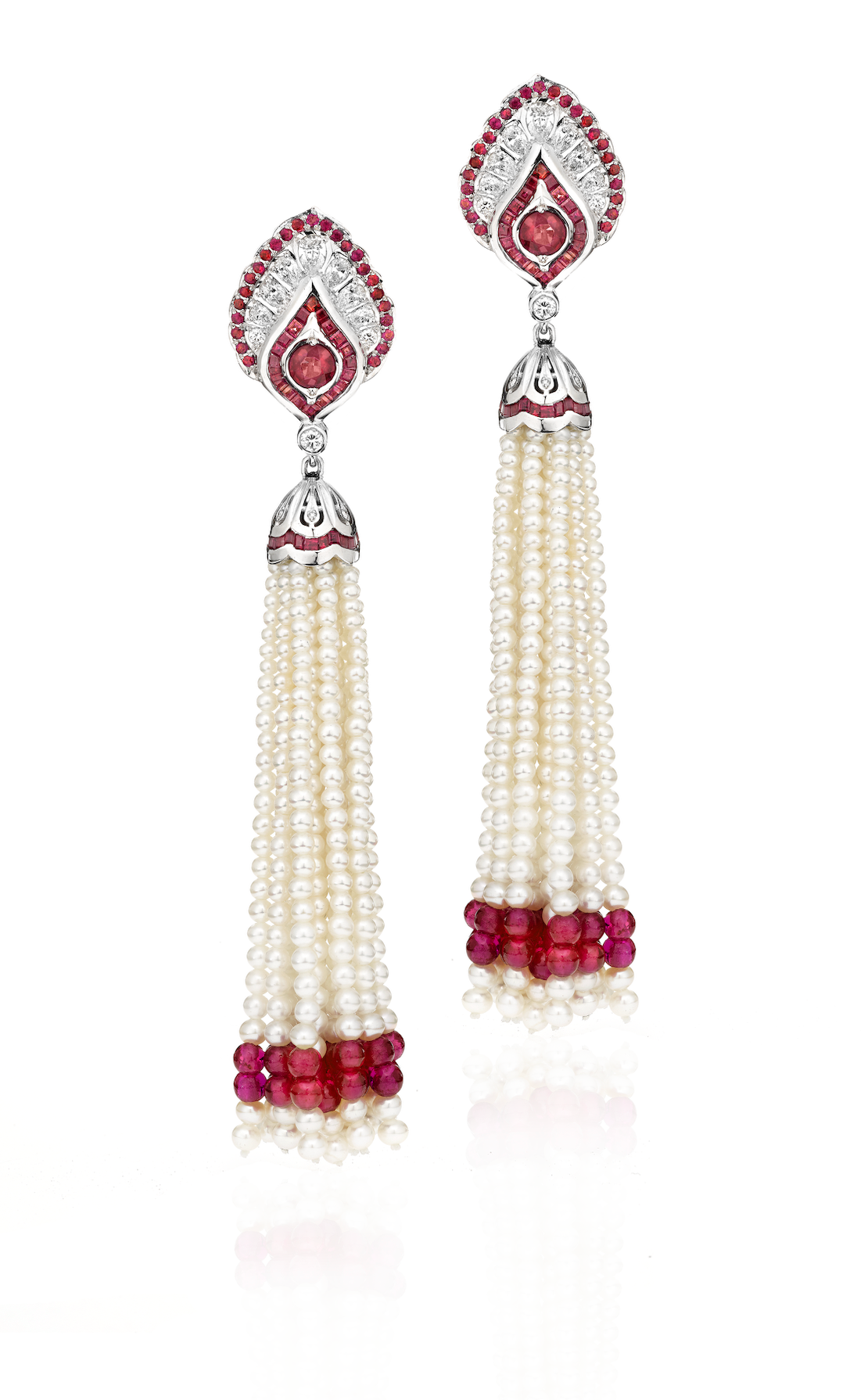 Ruby and Freshwater Pearls Tassel Earrings