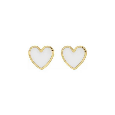 14k Yellow Gold White Enamel Heart Earrings