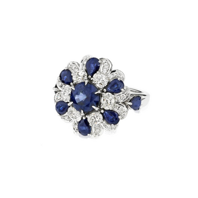 White Gold Art Deco Ring with Sapphires and Diamonds