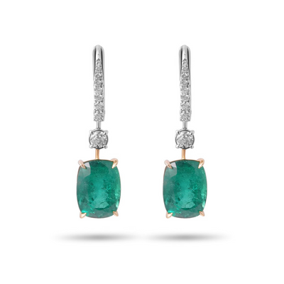 Cushion Cut Emerald and Diamond Earrings