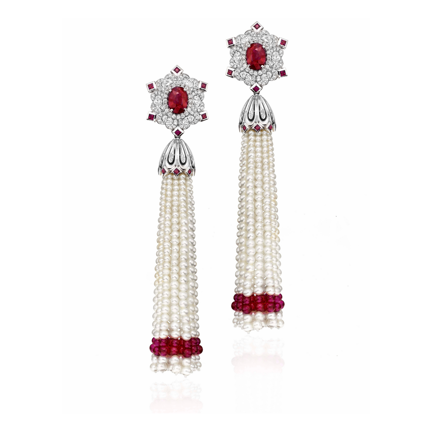 Freshwater Pearls and Ruby Tassel Earrings