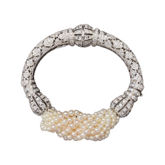 Art Deco White Gold and Diamond Bracelet with Fresh Water Pearls