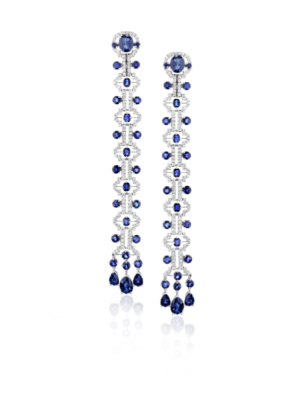 White Gold Long Drop Sapphires and Diamond Earrings